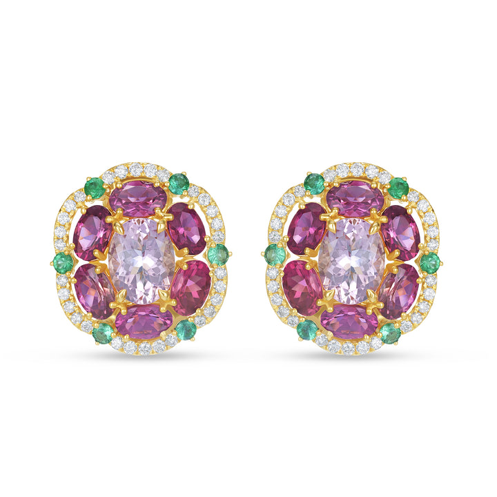 Floral Cluster Morganite Tourmaline & Emerald Diamond Stud Earrings - Floral Cluster Morganite Tourmaline & Emerald Diamond Stud Earrings