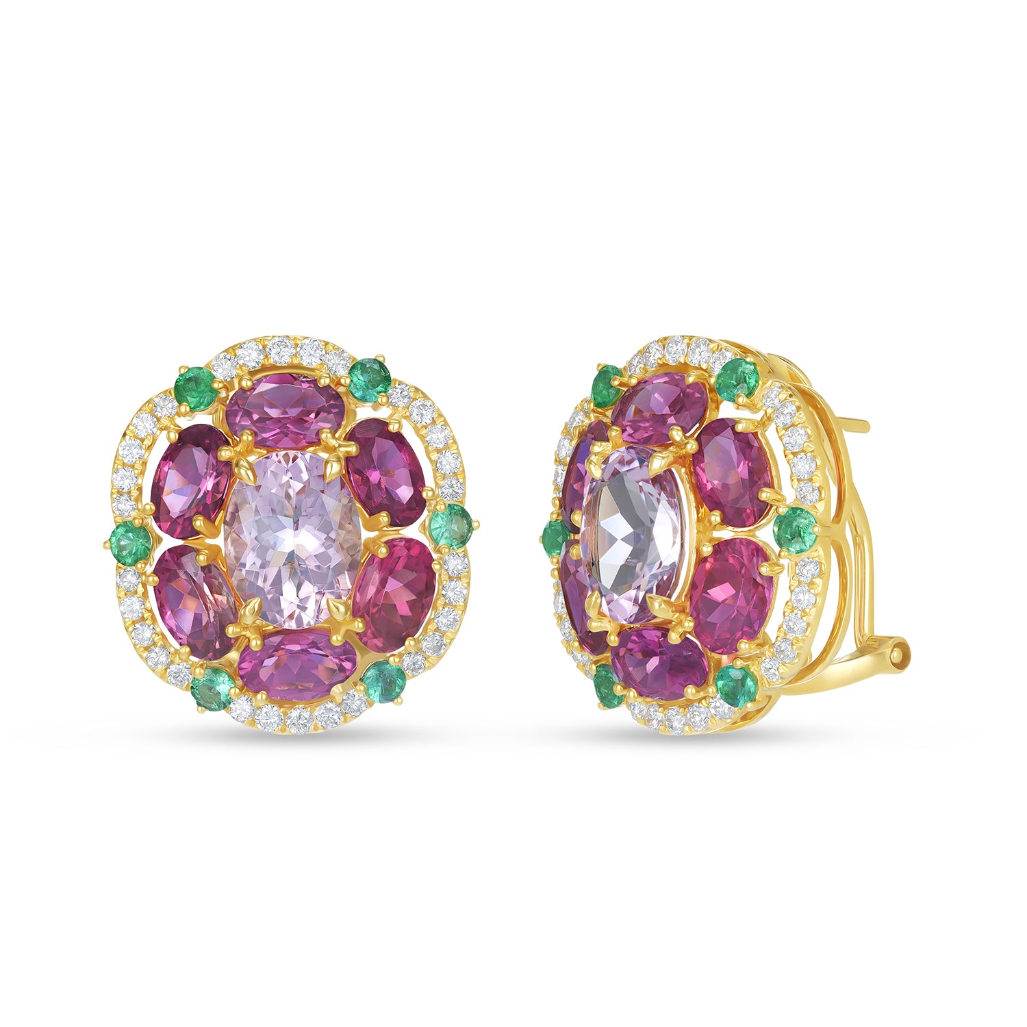 Floral Cluster Morganite Tourmaline & Emerald Diamond Stud Earrings