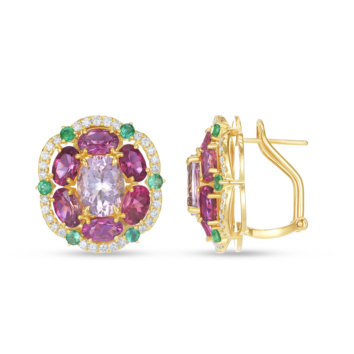 Floral Cluster Morganite Tourmaline & Emerald Diamond Stud Earrings