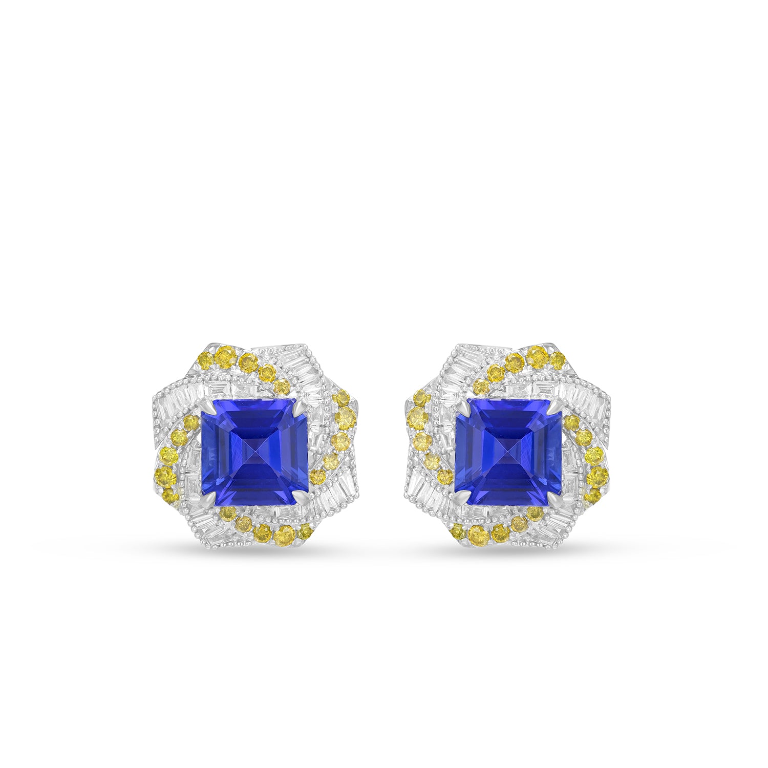 Natural Asscher Cut Tanzanite & Diamond Swirl Halo Stud Earrings in 14K White Gold