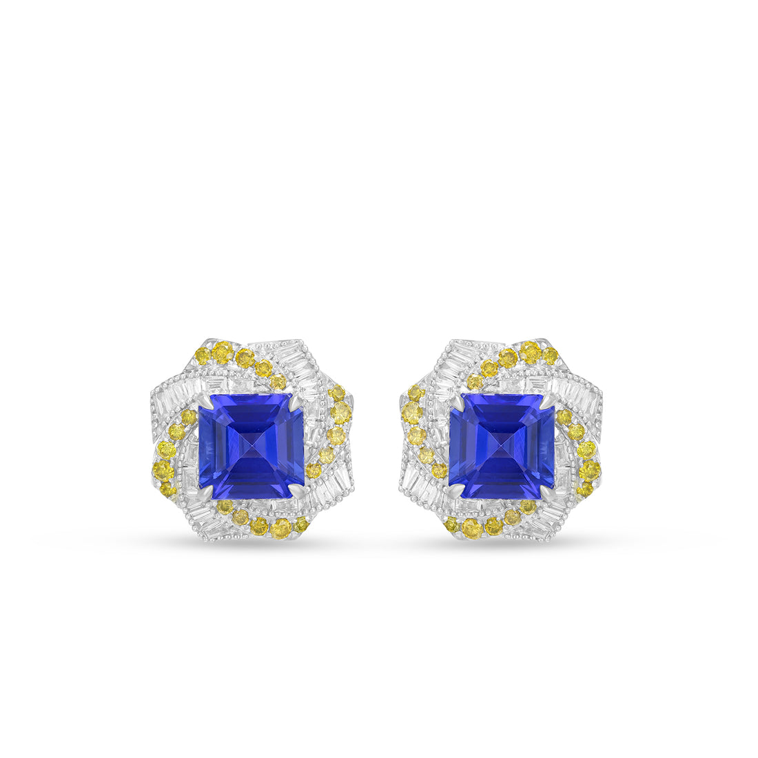 Natural Asscher Cut Tanzanite & Diamond Swirl Halo Stud Earrings in 14K White Gold