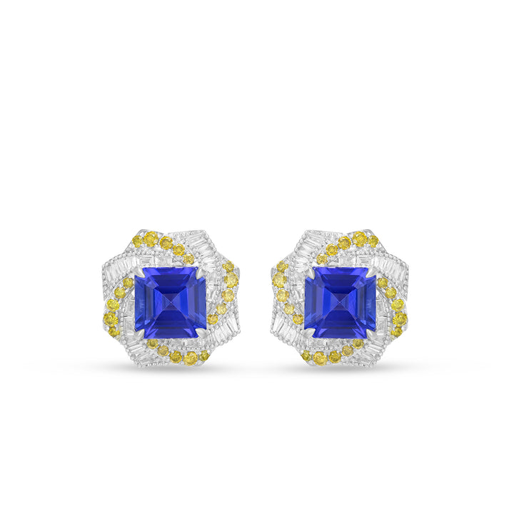 Natural Asscher Cut Tanzanite & Diamond Swirl Halo Stud Earrings in 14K White Gold - Natural Asscher Cut Tanzanite & Diamond Swirl Halo Stud Earrings in 14K White Gold
