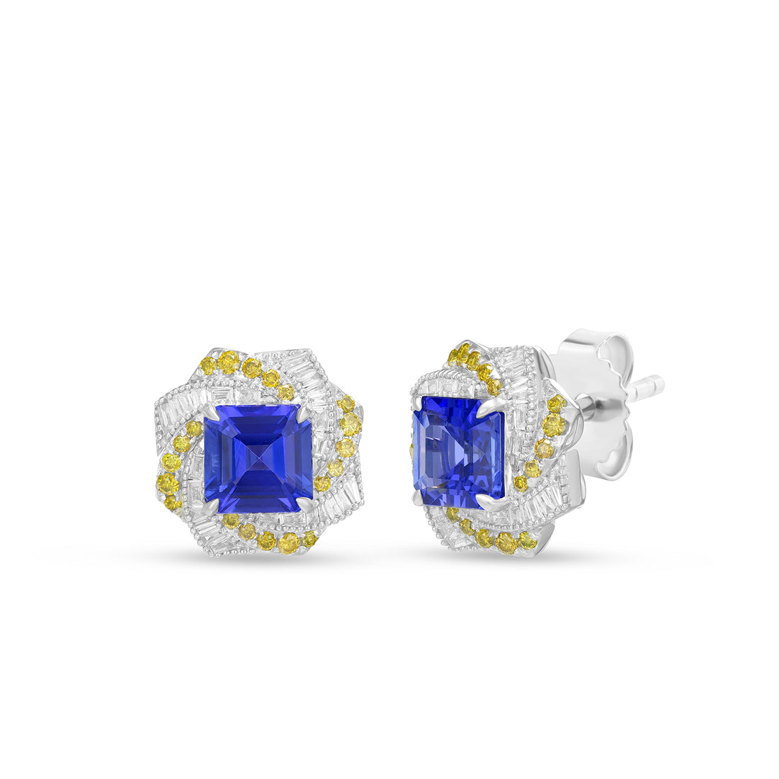 Natural Asscher Cut Tanzanite & Diamond Swirl Halo Stud Earrings in 14K White Gold