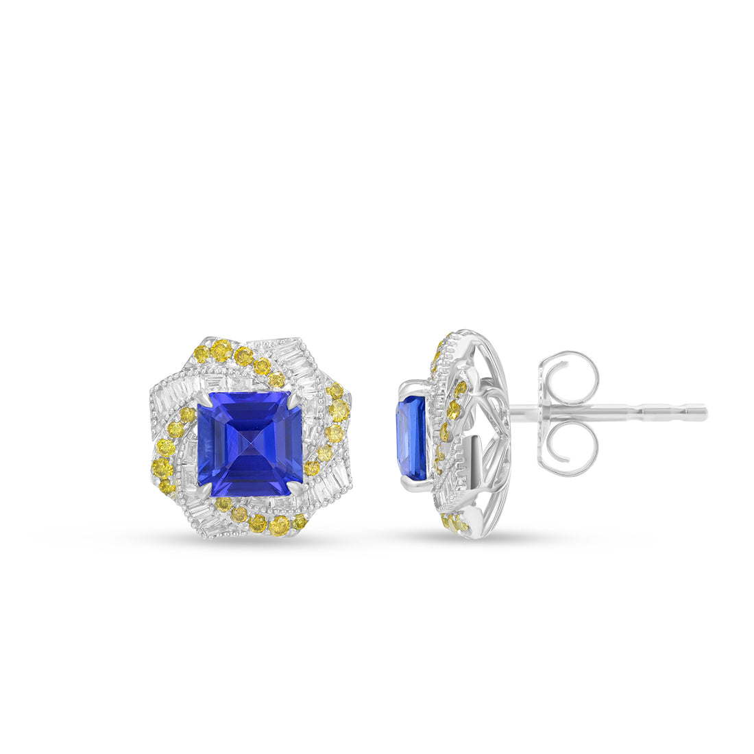 Natural Asscher Cut Tanzanite & Diamond Swirl Halo Stud Earrings in 14K White Gold
