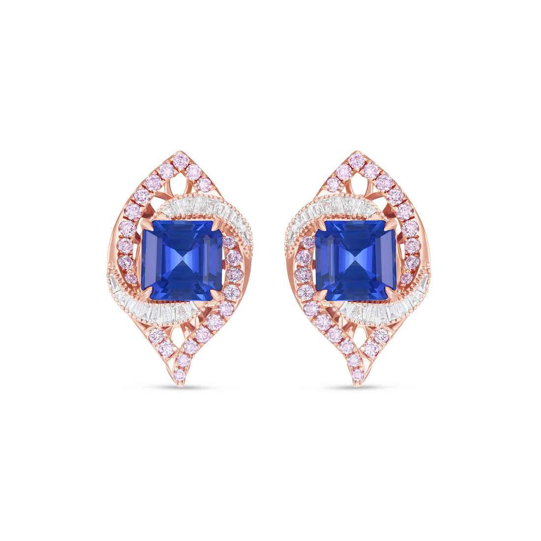 Natural Tanzanite and Diamond Halo Stud Earrings in 14K Rose Gold – Square Emerald Cut Geometric Designer Earrings