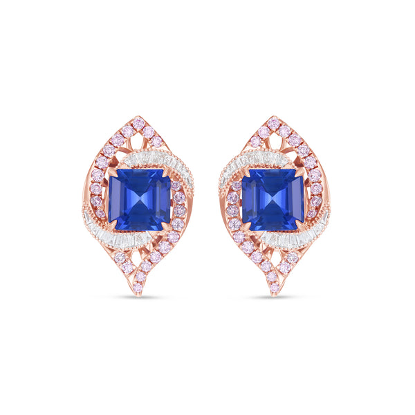 Natural Tanzanite and Diamond Halo Stud Earrings in 14K Rose Gold – Square Emerald Cut Geometric Designer Earrings