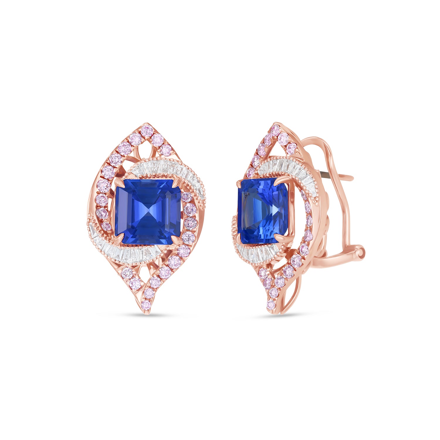 Natural Tanzanite and Diamond Halo Stud Earrings in 14K Rose Gold – Square Emerald Cut Geometric Designer Earrings