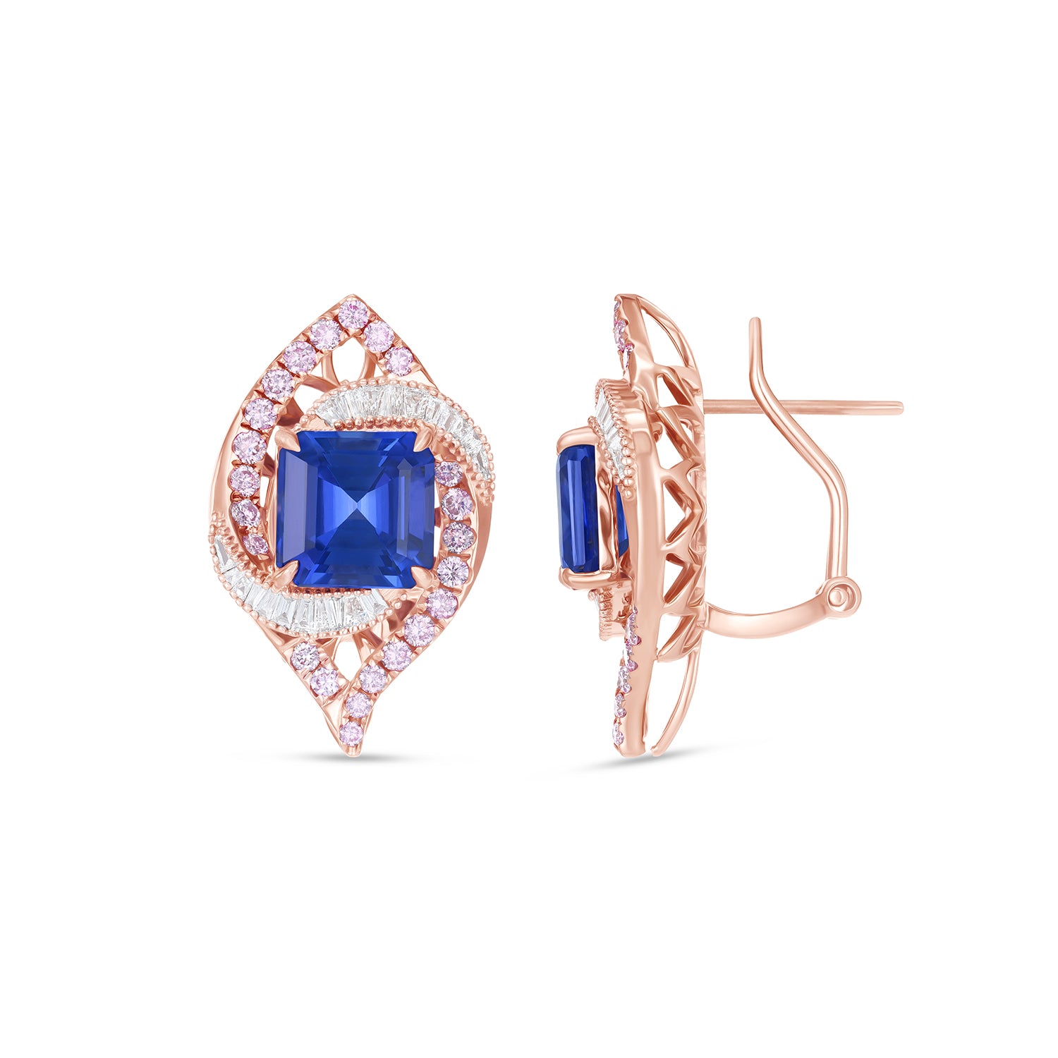 Natural Tanzanite and Diamond Halo Stud Earrings in 14K Rose Gold – Square Emerald Cut Geometric Designer Earrings
