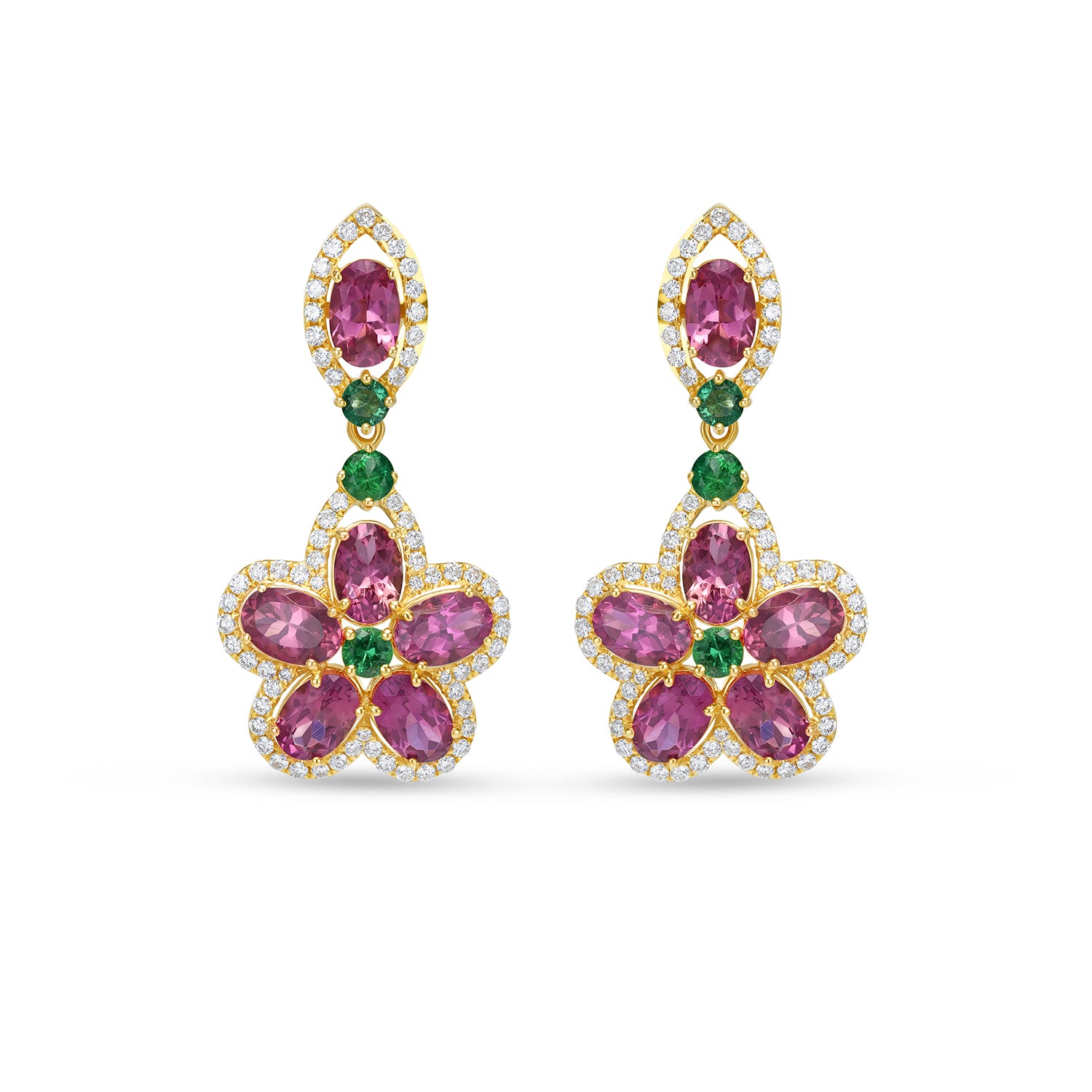 14K White Gold Emerald & Tourmaline Floral Drop Earrings with Diamonds