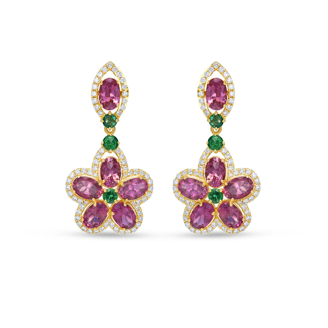 14K White Gold Emerald & Tourmaline Floral Drop Earrings with Diamonds