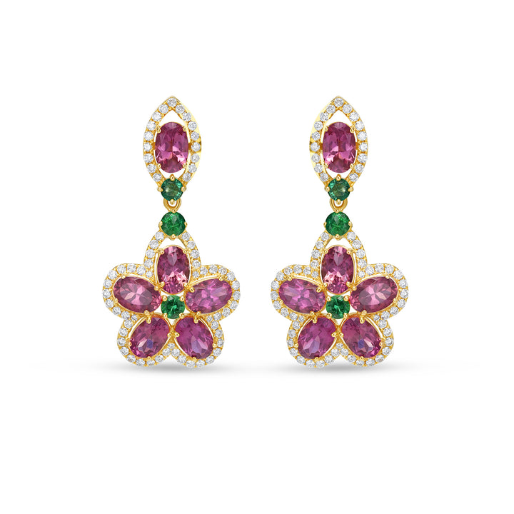 14K White Gold Emerald & Tourmaline Floral Drop Earrings with Diamonds - 14K White Gold Emerald & Tourmaline Floral Drop Earrings with Diamonds