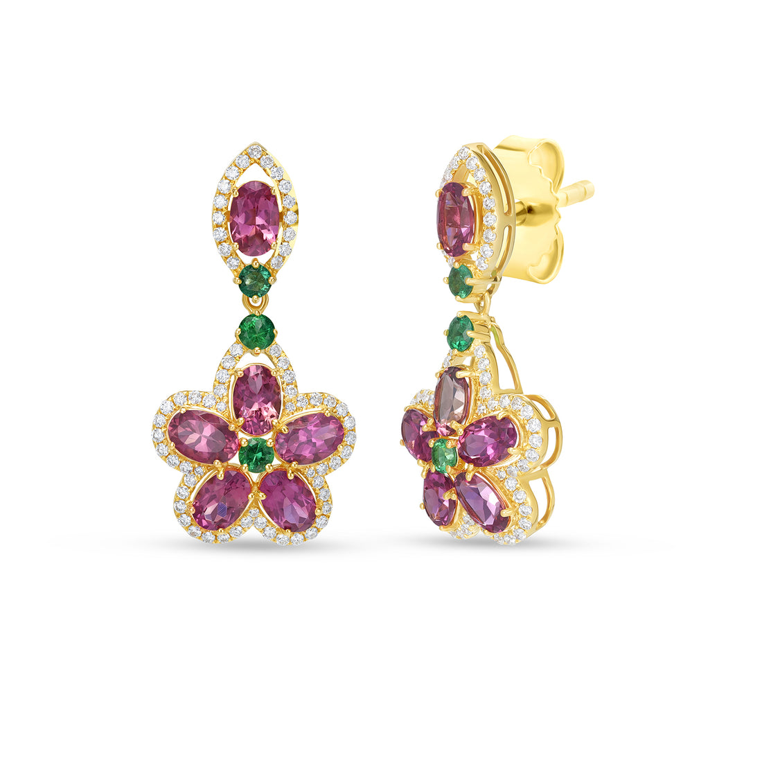 14K White Gold Emerald & Tourmaline Floral Drop Earrings with Diamonds