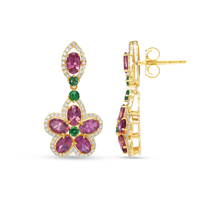 14K White Gold Emerald & Tourmaline Floral Drop Earrings with Diamonds