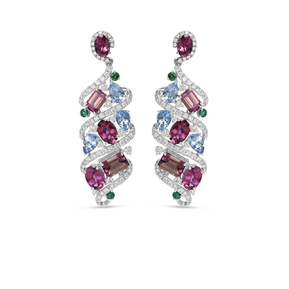 Natural Tourmaline, Aquamarine & Emerald Statement Drop Earrings in 14K White Gold with Diamond Accents