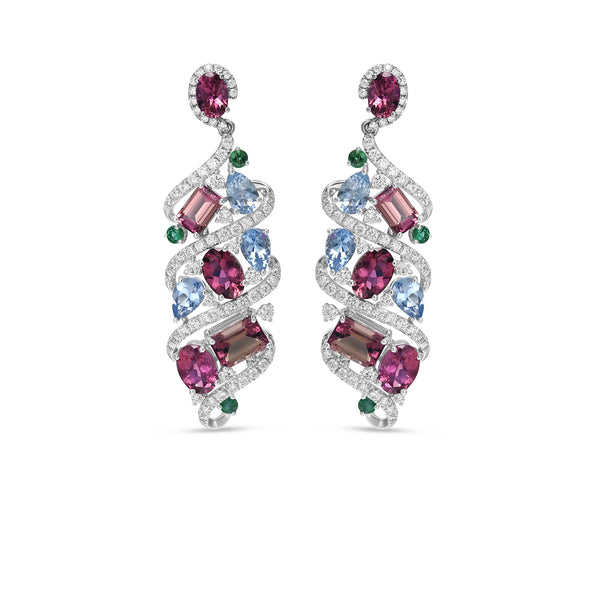 Natural Tourmaline, Aquamarine & Emerald Statement Drop Earrings in 14K White Gold with Diamond Accents