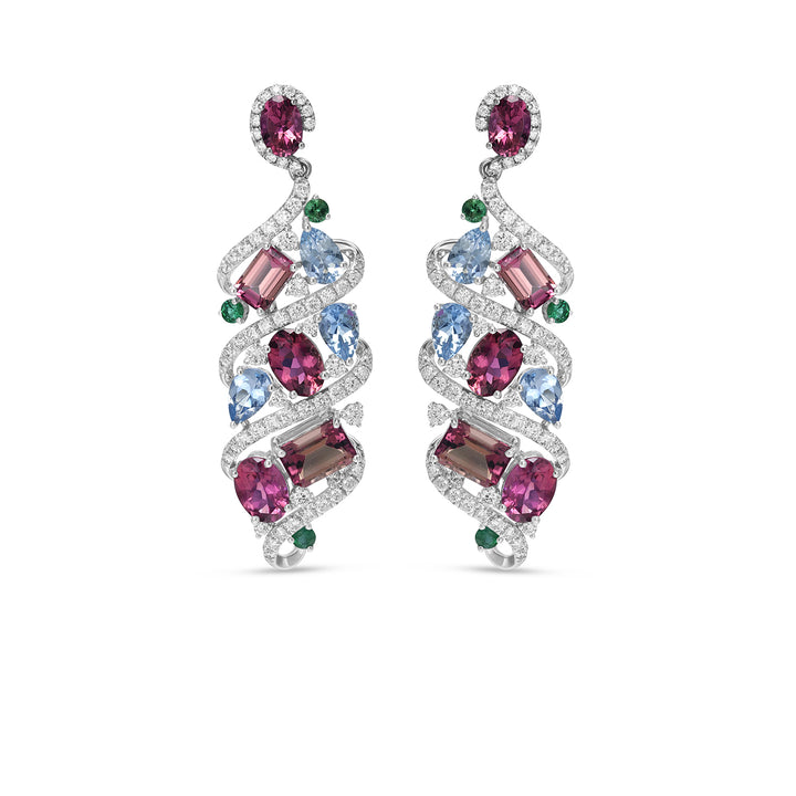 Natural Tourmaline, Aquamarine & Emerald Statement Drop Earrings in 14K White Gold with Diamond Accents - Natural Tourmaline, Aquamarine & Emerald Statement Drop Earrings in 14K White Gold with Diamond Accents