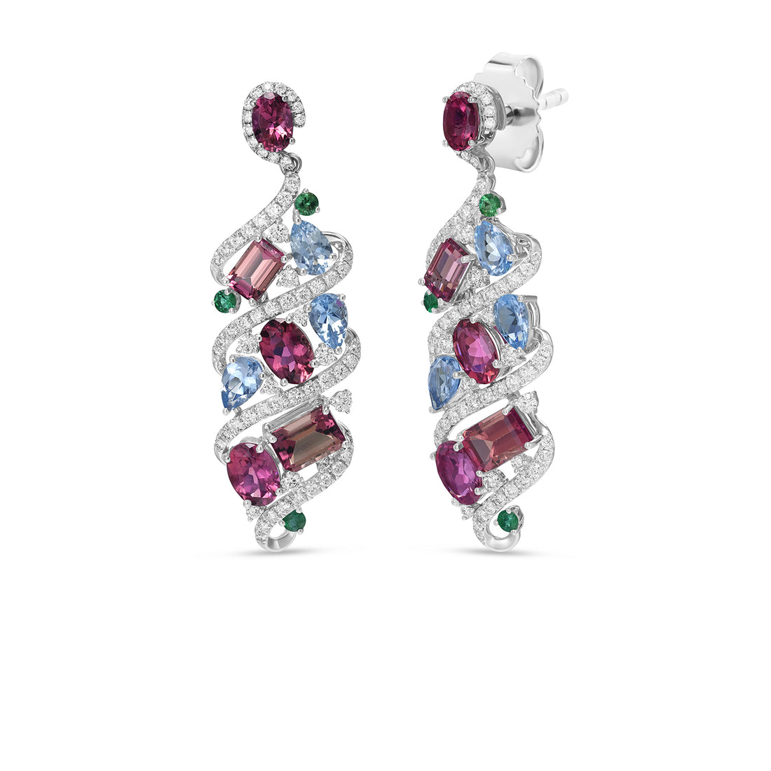 Natural Tourmaline, Aquamarine & Emerald Statement Drop Earrings in 14K White Gold with Diamond Accents