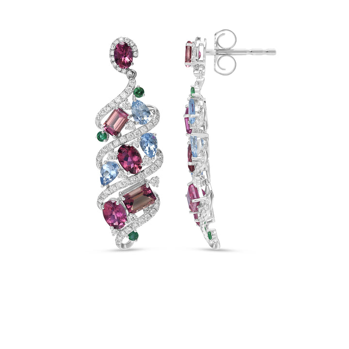 Natural Tourmaline, Aquamarine & Emerald Statement Drop Earrings in 14K White Gold with Diamond Accents