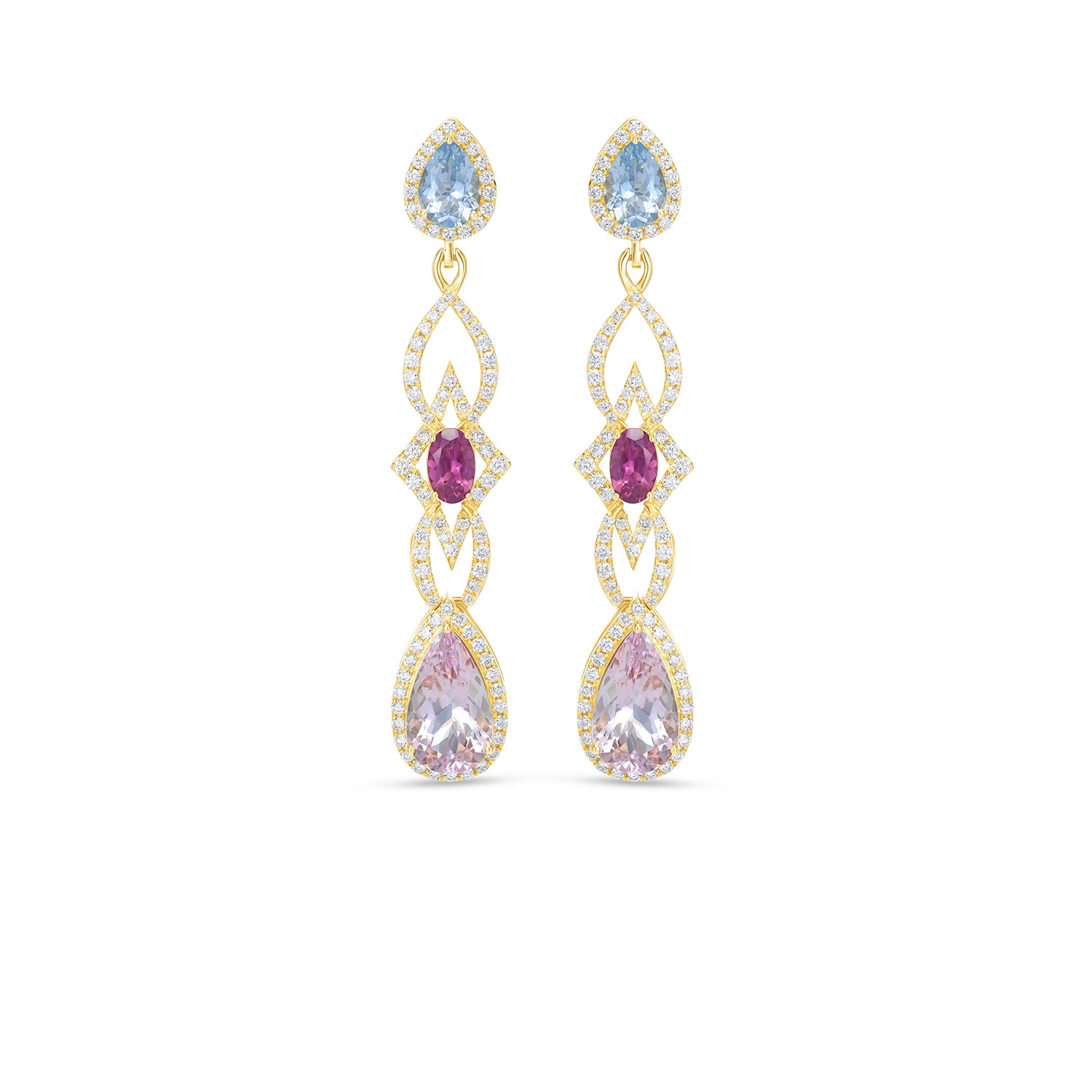 14K Yellow Gold Multi Gemstone Diamond Drop Earrings Aquamarine Tourmaline Emerald