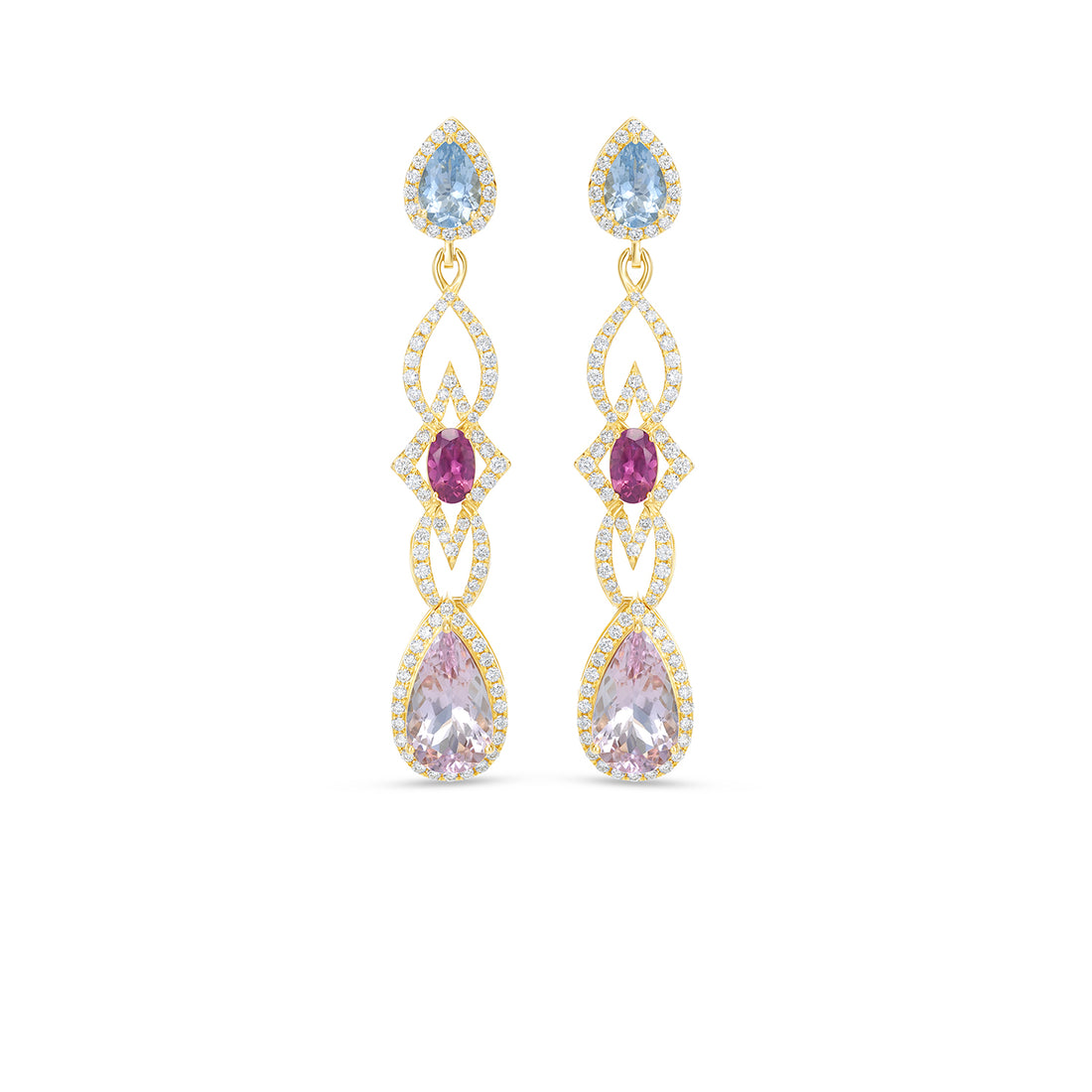 14K Yellow Gold Multi Gemstone Diamond Drop Earrings Aquamarine Tourmaline Emerald