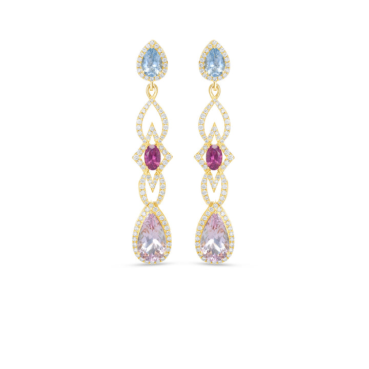 14K Yellow Gold Multi Gemstone Diamond Drop Earrings Aquamarine Tourmaline Emerald - 14K Yellow Gold Multi Gemstone Diamond Drop Earrings Aquamarine Tourmaline Emerald