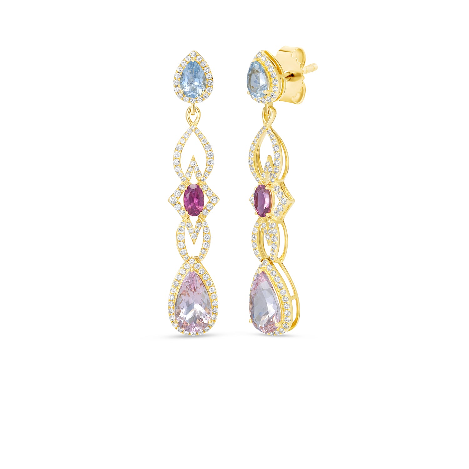 14K Yellow Gold Multi Gemstone Diamond Drop Earrings Aquamarine Tourmaline Emerald