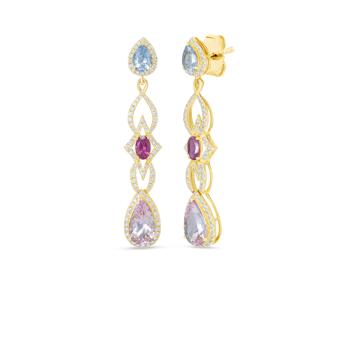 14K Yellow Gold Multi Gemstone Diamond Drop Earrings Aquamarine Tourmaline Emerald