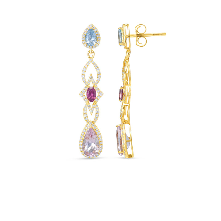 14K Yellow Gold Multi Gemstone Diamond Drop Earrings Aquamarine Tourmaline Emerald