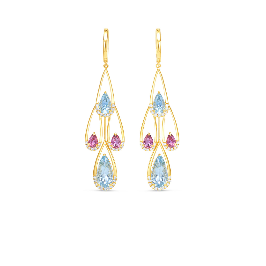 14K Yellow Gold Pear Shape Aquamarine & Tourmaline Drop Earrings with Diamond Halo