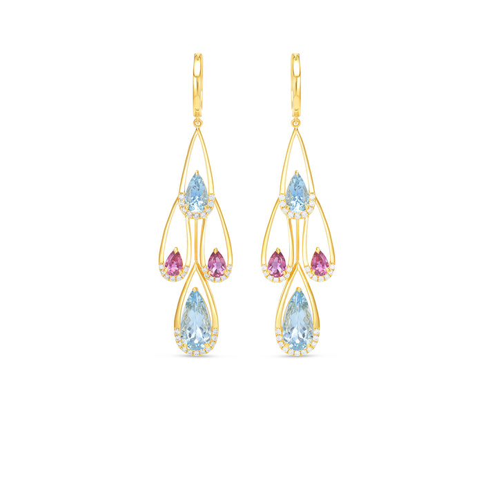 14K Yellow Gold Pear Shape Aquamarine & Tourmaline Drop Earrings with Diamond Halo - 14K Yellow Gold Pear Shape Aquamarine & Tourmaline Drop Earrings with Diamond Halo