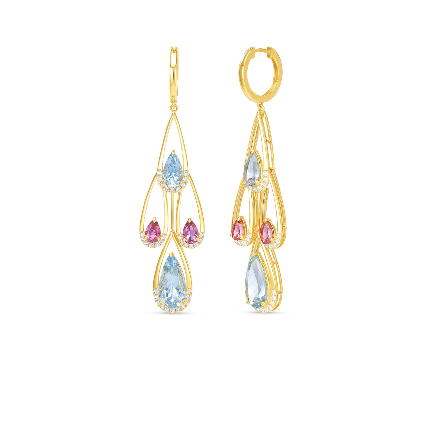 14K Yellow Gold Pear Shape Aquamarine & Tourmaline Drop Earrings with Diamond Halo