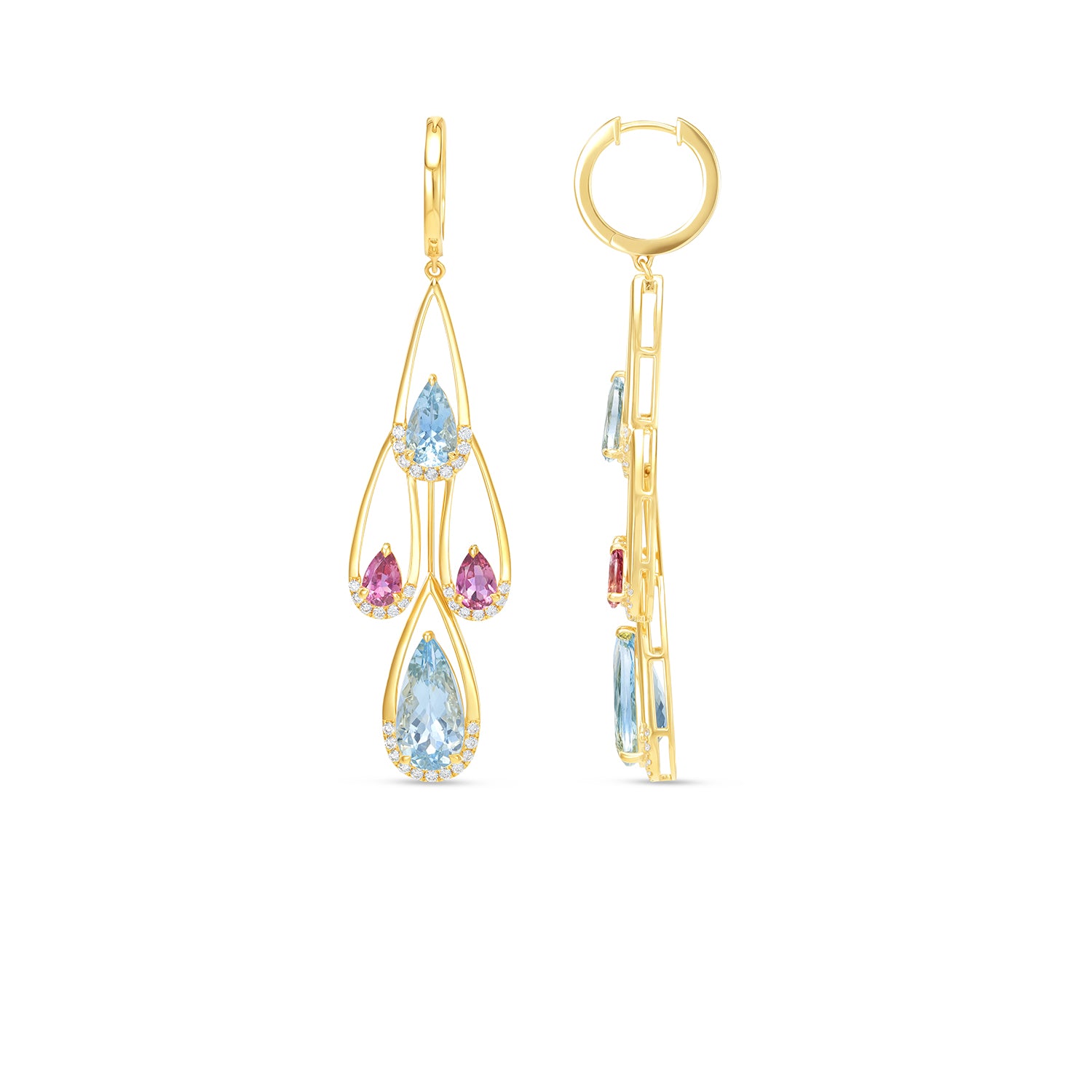 14K Yellow Gold Pear Shape Aquamarine & Tourmaline Drop Earrings with Diamond Halo