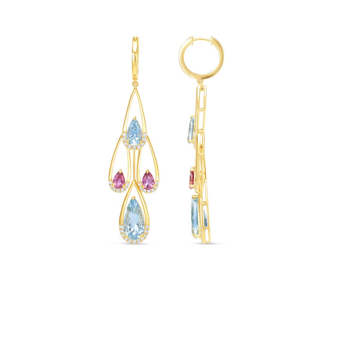 14K Yellow Gold Pear Shape Aquamarine & Tourmaline Drop Earrings with Diamond Halo