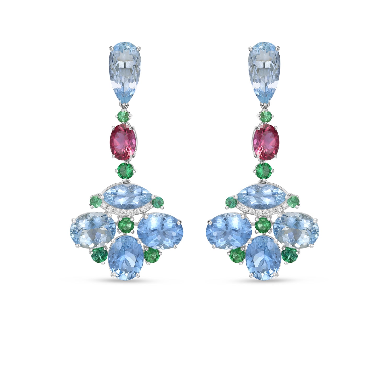 Multicolor Aquamarine, Emerald & Tourmaline Chandelier Drop Earrings in 14K White Gold with Diamond Accents (17.01 CT)