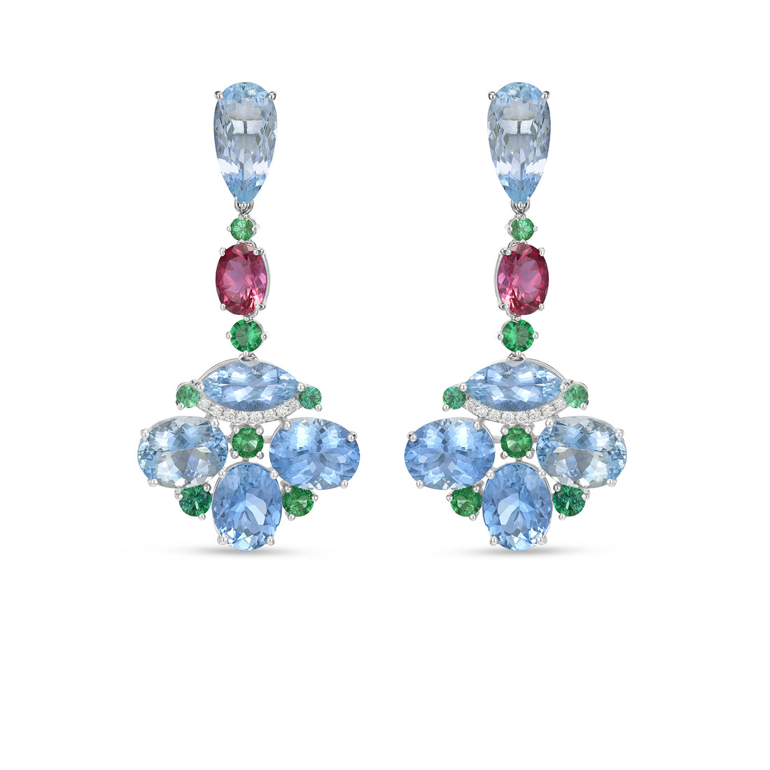 Multicolor Aquamarine, Emerald & Tourmaline Chandelier Drop Earrings in 14K White Gold with Diamond Accents (17.01 CT)
