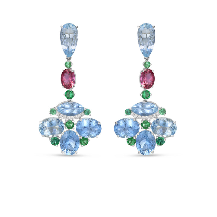 Multicolor Aquamarine, Emerald & Tourmaline Chandelier Drop Earrings in 14K White Gold with Diamond Accents (17.01 CT) - Multicolor Aquamarine, Emerald & Tourmaline Chandelier Drop Earrings in 14K White Gold with Diamond Accents (17.01 CT)