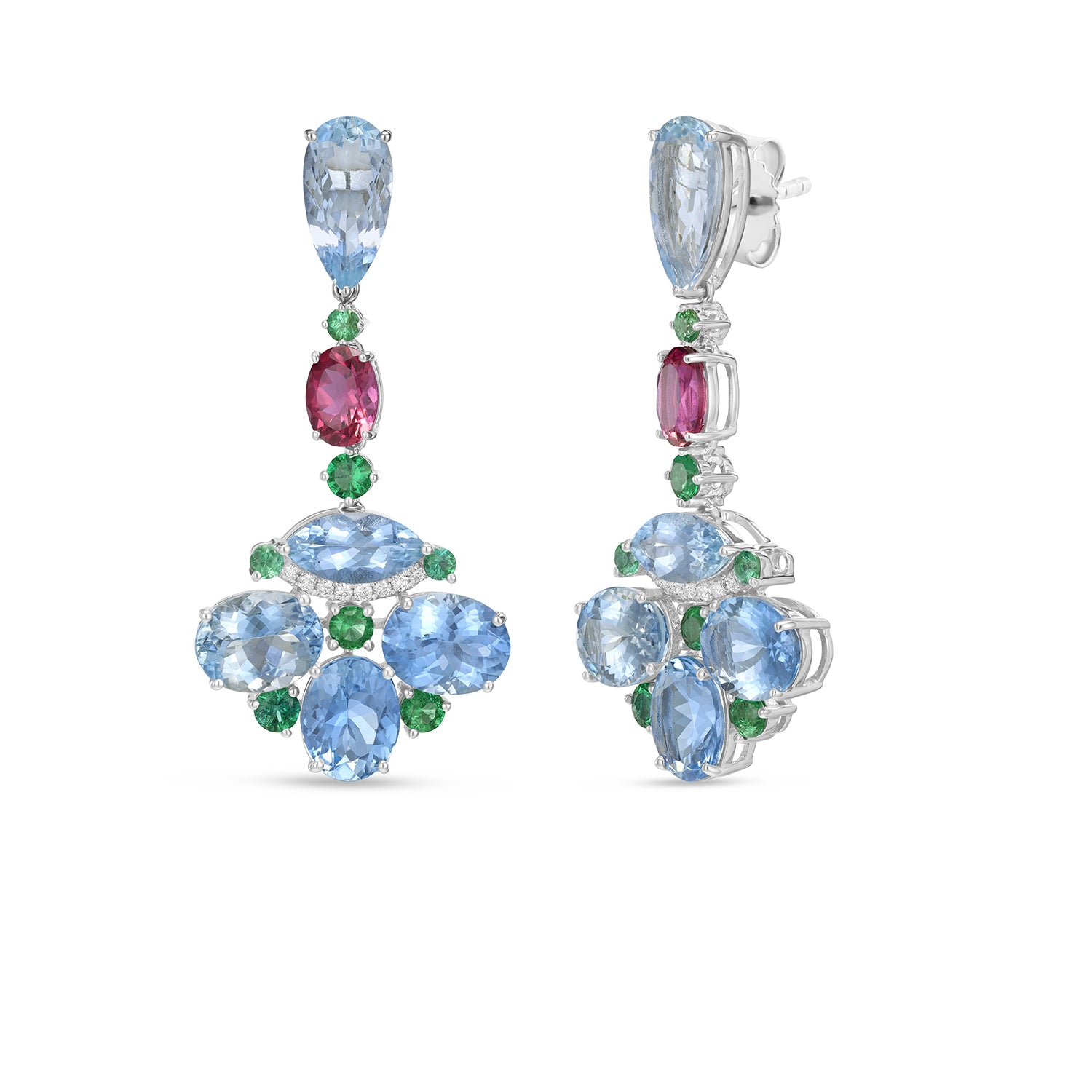 Multicolor Aquamarine, Emerald & Tourmaline Chandelier Drop Earrings in 14K White Gold with Diamond Accents (17.01 CT)