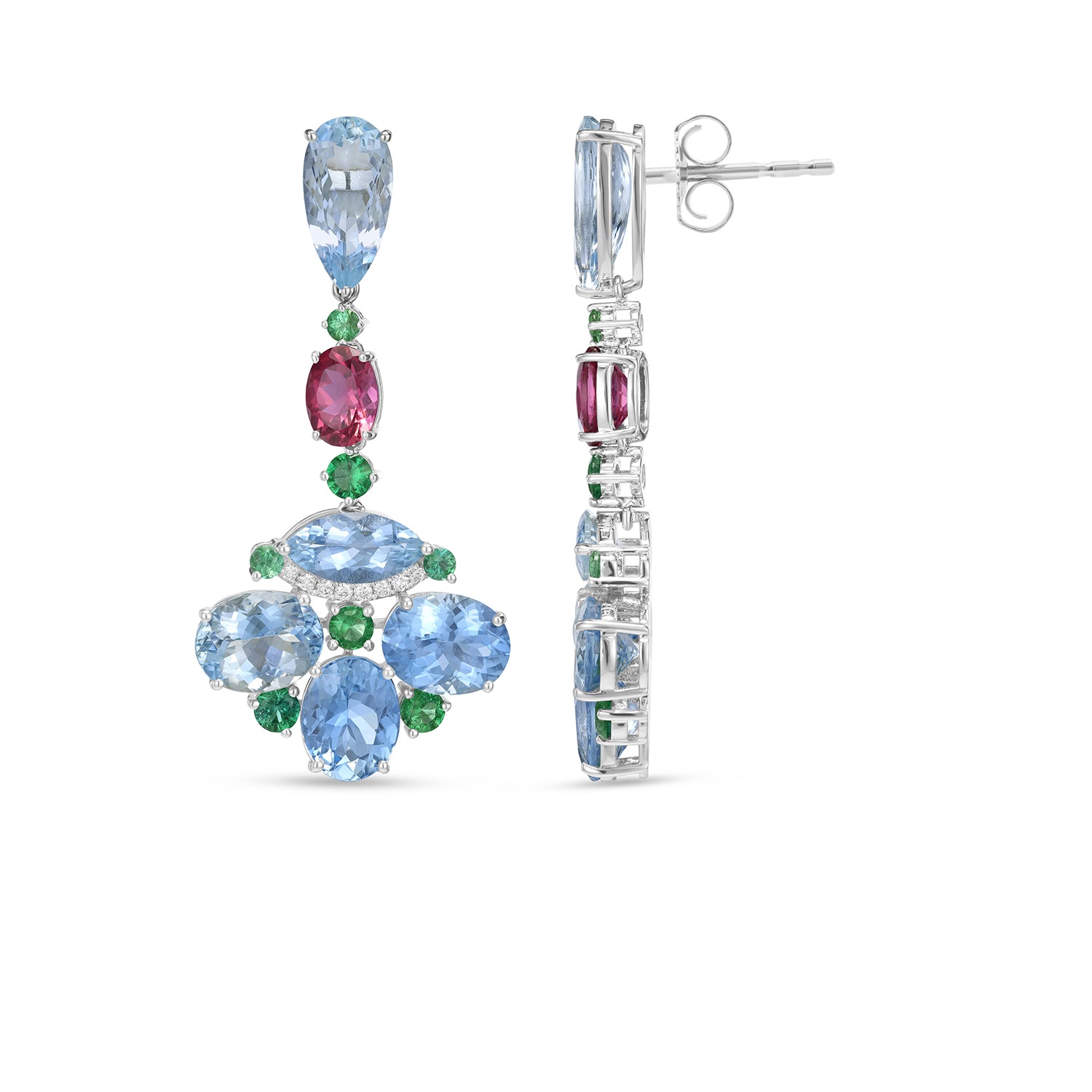 Multicolor Aquamarine, Emerald & Tourmaline Chandelier Drop Earrings in 14K White Gold with Diamond Accents (17.01 CT)
