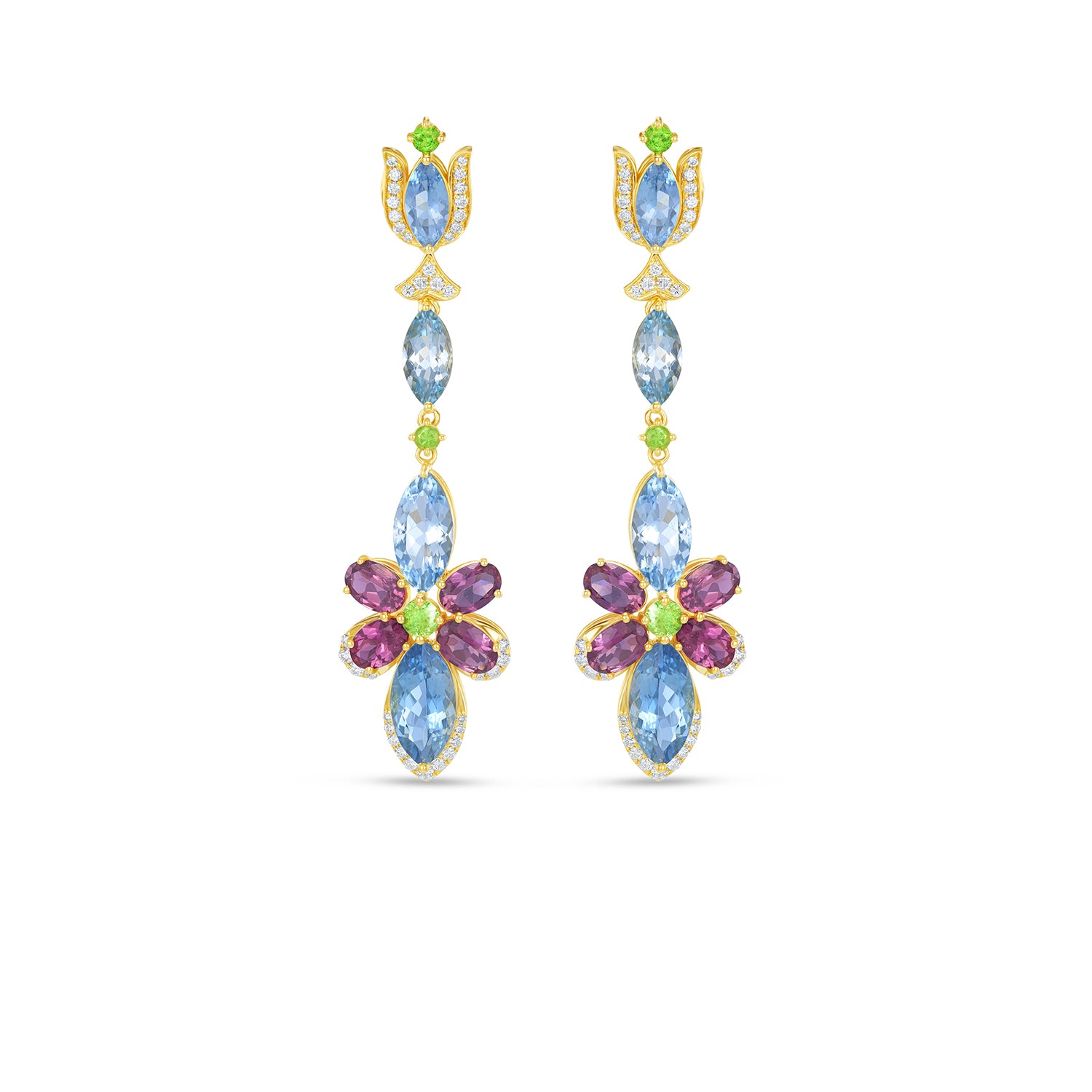 14K Yellow Gold Multi-Gemstone Floral Chandelier Earrings with Marquise Aquamarine, Tourmaline & Emerald Accents