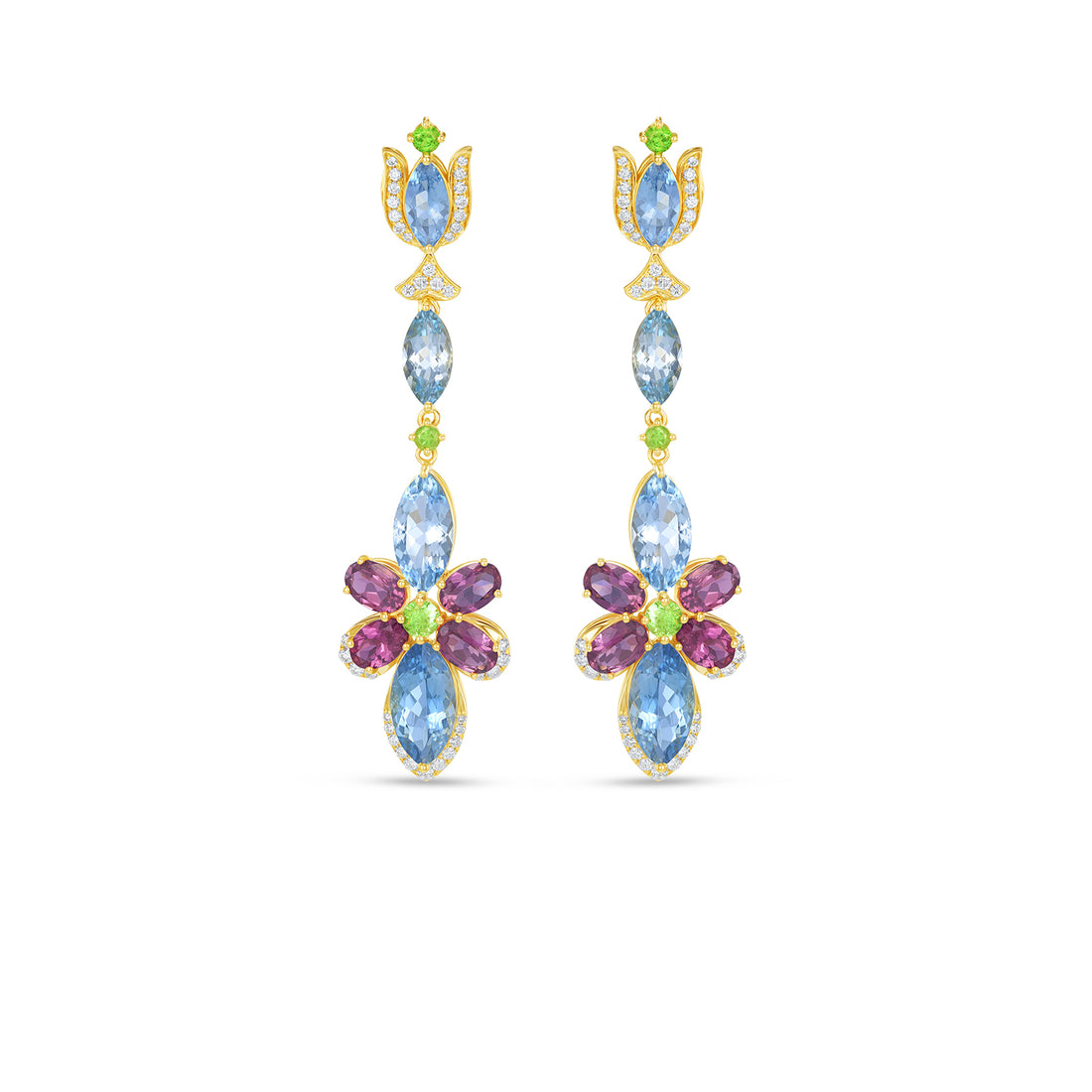 14K Yellow Gold Multi-Gemstone Floral Chandelier Earrings with Marquise Aquamarine, Tourmaline & Emerald Accents
