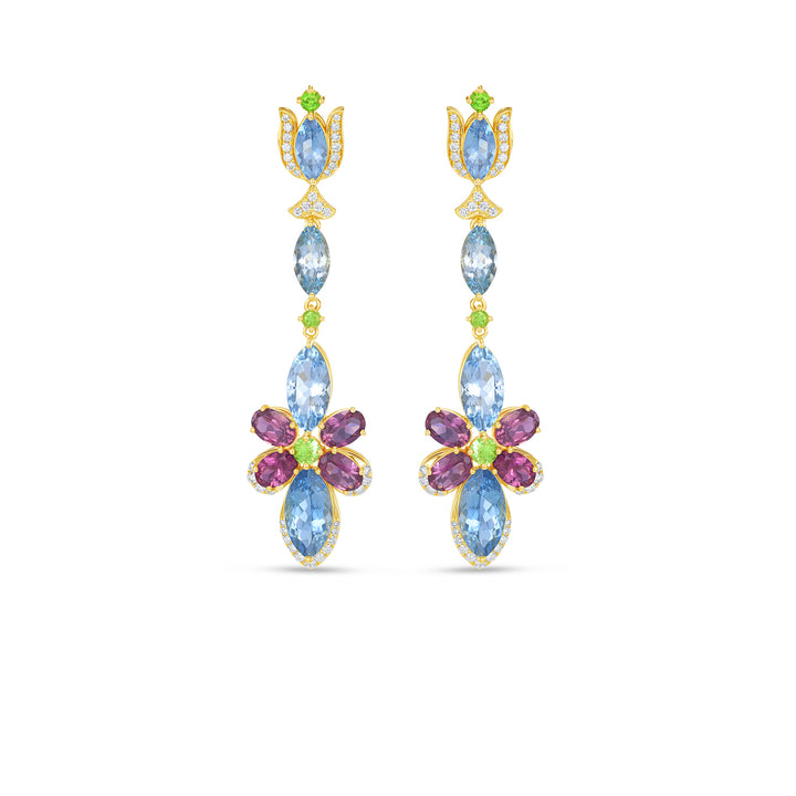 14K Yellow Gold Multi-Gemstone Floral Chandelier Earrings with Marquise Aquamarine, Tourmaline & Emerald Accents - 14K Yellow Gold Multi-Gemstone Floral Chandelier Earrings with Marquise Aquamarine, Tourmaline & Emerald Accents