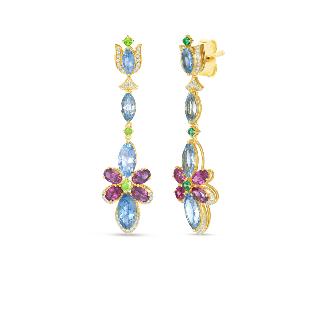 14K Yellow Gold Multi-Gemstone Floral Chandelier Earrings with Marquise Aquamarine, Tourmaline & Emerald Accents