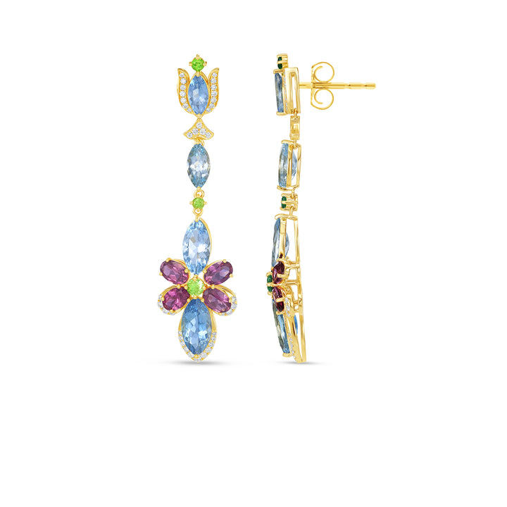 14K Yellow Gold Multi-Gemstone Floral Chandelier Earrings with Marquise Aquamarine, Tourmaline & Emerald Accents