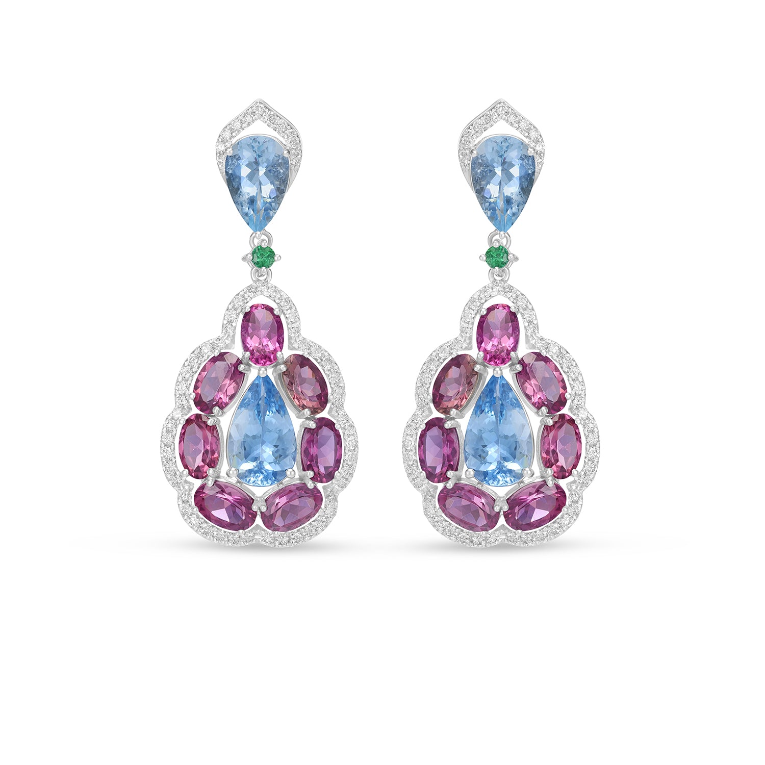 Multi-Gemstone Drop Earrings with Pear Aquamarine, Pink Tourmaline & Diamond Halo in 14K Yellow Gold