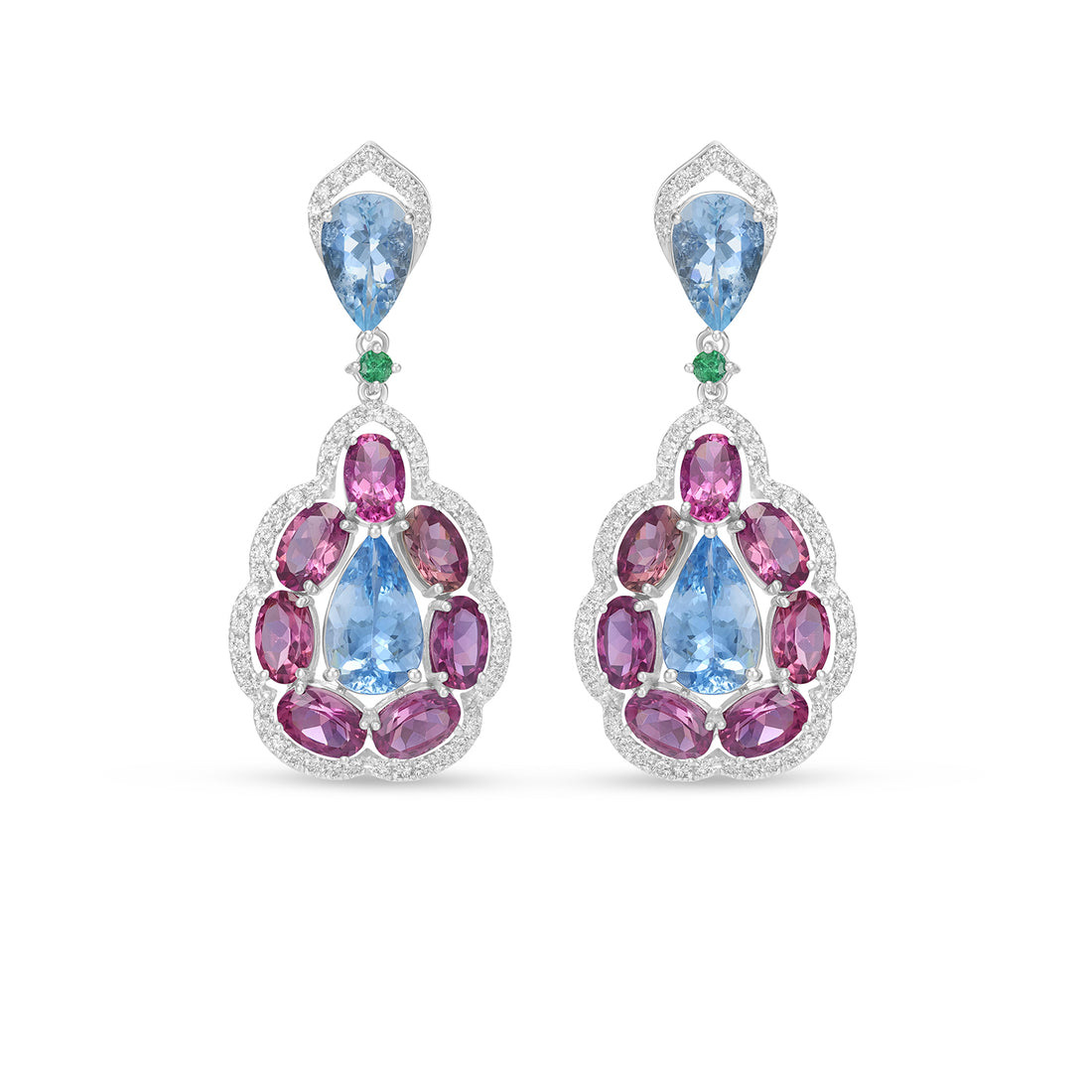 Multi-Gemstone Drop Earrings with Pear Aquamarine, Pink Tourmaline & Diamond Halo in 14K Yellow Gold