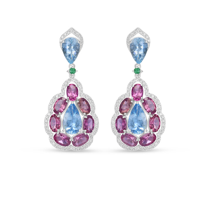 Multi-Gemstone Drop Earrings with Pear Aquamarine, Pink Tourmaline & Diamond Halo in 14K Yellow Gold - Multi-Gemstone Drop Earrings with Pear Aquamarine, Pink Tourmaline & Diamond Halo in 14K Yellow Gold