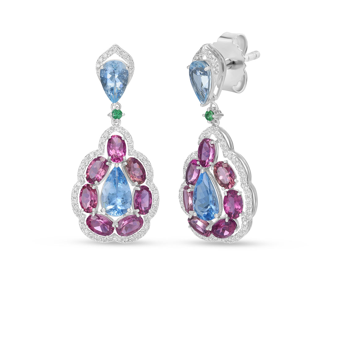 Multi-Gemstone Drop Earrings with Pear Aquamarine, Pink Tourmaline & Diamond Halo in 14K Yellow Gold