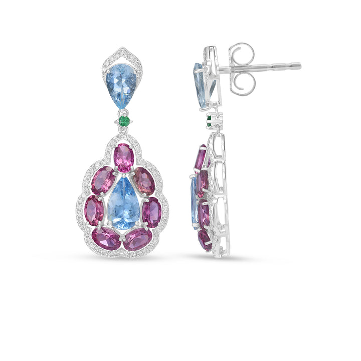 Multi-Gemstone Drop Earrings with Pear Aquamarine, Pink Tourmaline & Diamond Halo in 14K Yellow Gold