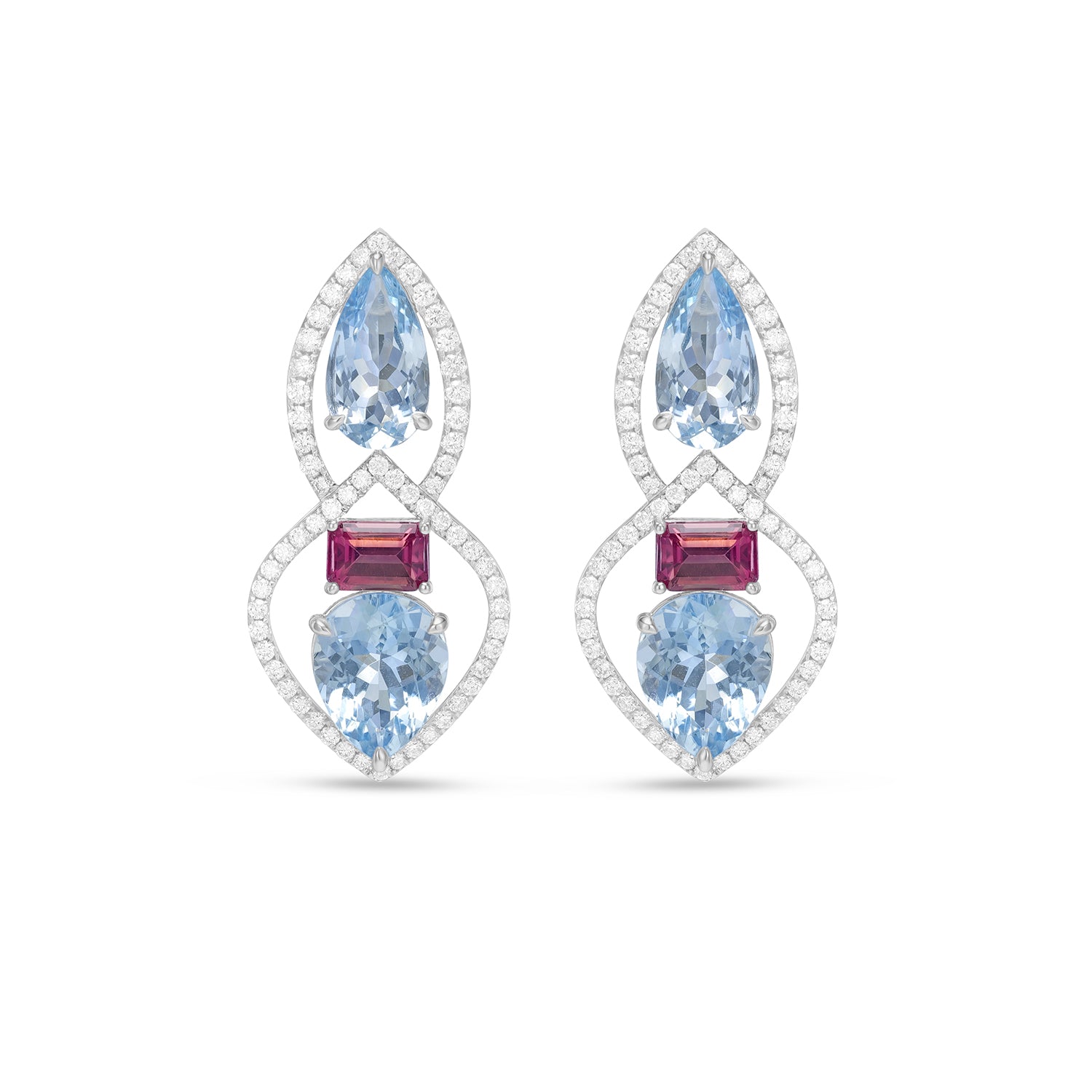 14K White Gold Aquamarine, Tourmaline & Diamond Halo Drop Earrings