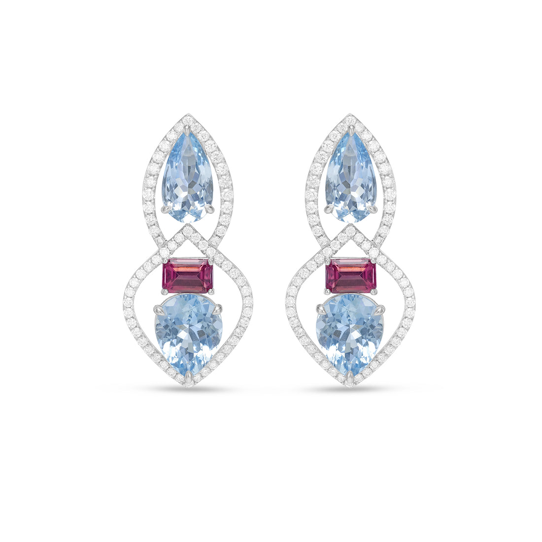 14K White Gold Aquamarine, Tourmaline & Diamond Halo Drop Earrings